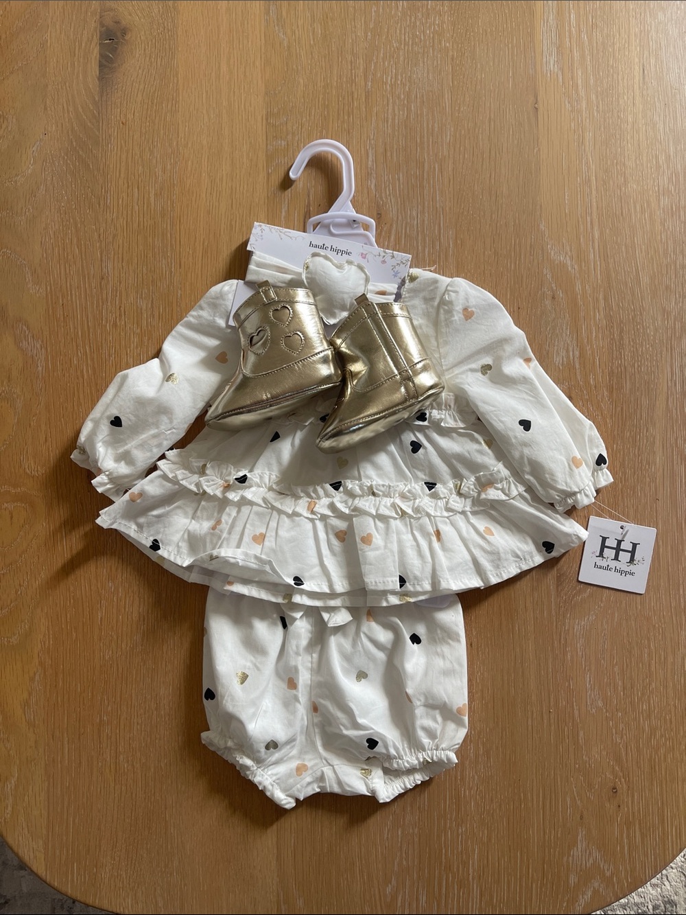Haute Hippie Ivory Baby Ruffle Dress Set with Gold Booties